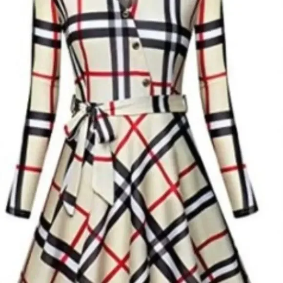 Diphi LiLi Plaid Dress Sz XL Tan Black V-Neck Button Down Fit & Flare Preppy VNT - Picture 5 of 13